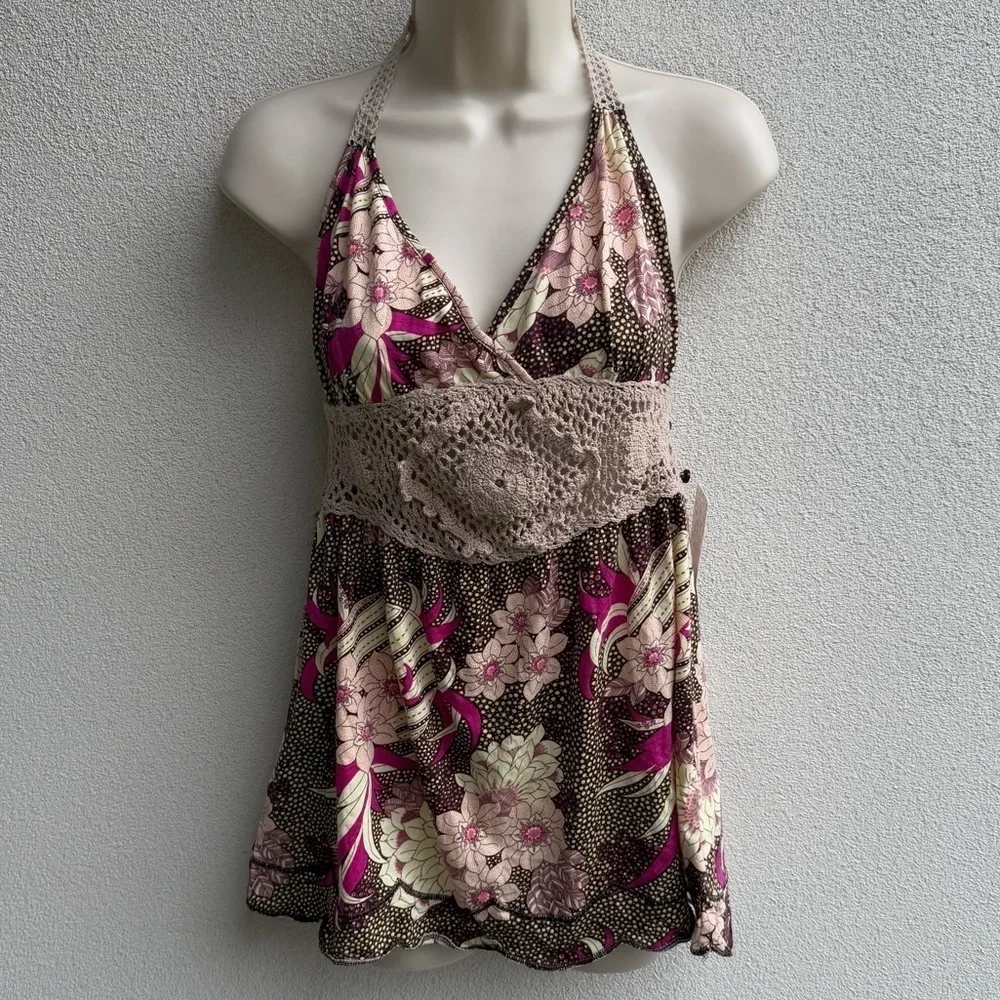 Free People Kitschy Floral Print & Crochet Halter Large